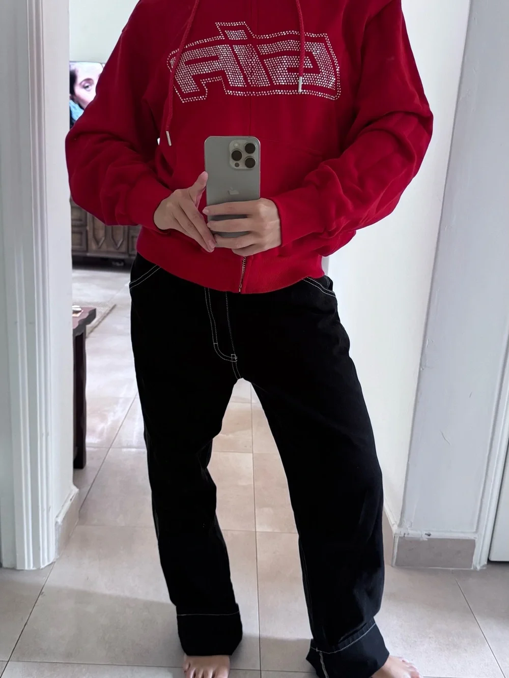 I.AM.GIA Red Rhinestone Logo Hoodie Sweater